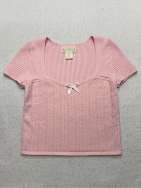 Y2K Pink Short Sleeve Knit Scoop Crop Top with Bow